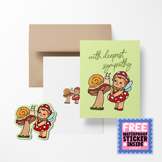 Sympathy card with cartoon characters and free sticker offer on a white background