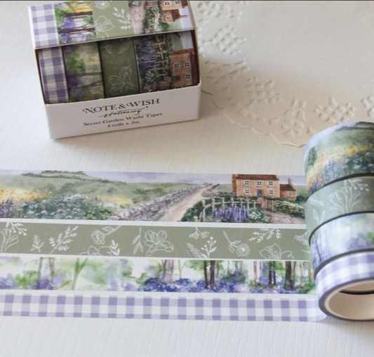 Washi tape set with scenic designs and a 'Note & Wish' box on a white surface.