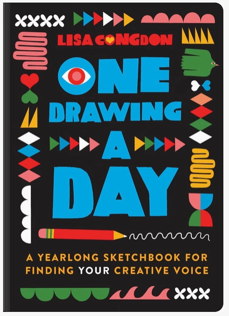 Book cover of 'One Drawing a Day' by Lisa Congdon with colorful geometric patterns on a black background.