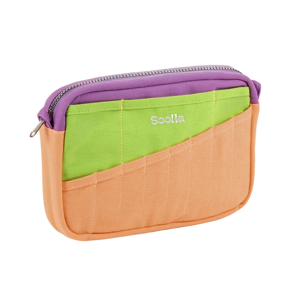 Multicolored pouch with purple top and green middle section on a white background