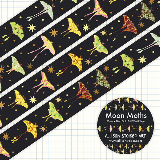 Colorful moon moth pattern on black tape with Allison Stoiser Art branding.