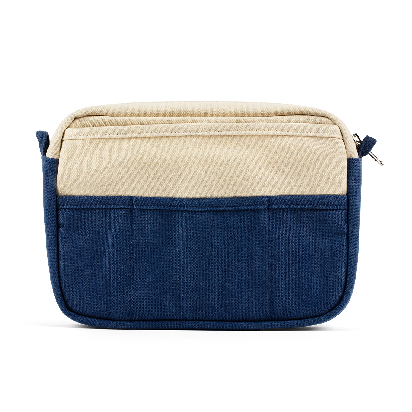 Two-tone blue and beige bag on a white background