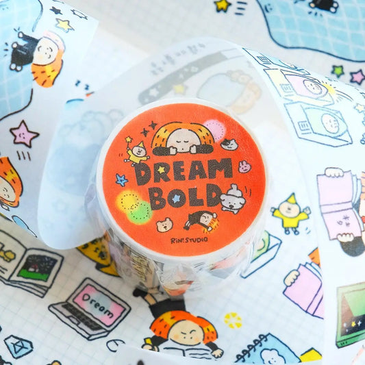 Sticker with 'Dream Bold' text on a colorful background with cartoon characters.