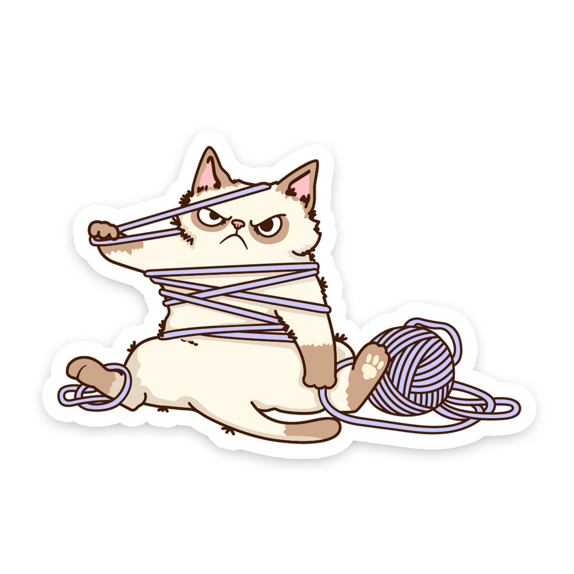 Cartoon cat tied up with yarn on a white background