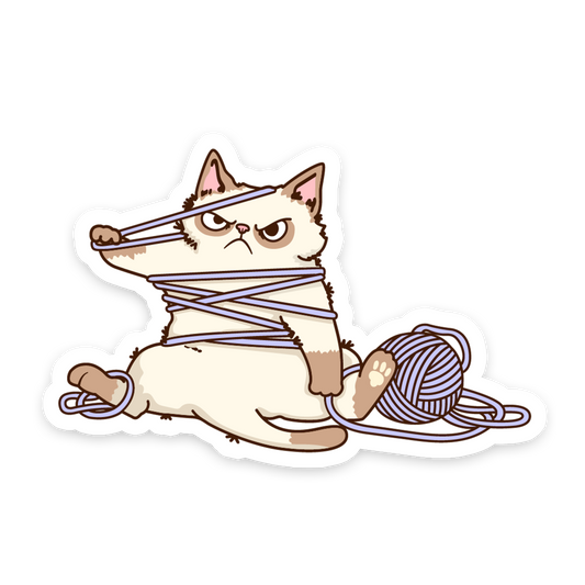 Cartoon cat tied up with yarn on a white background