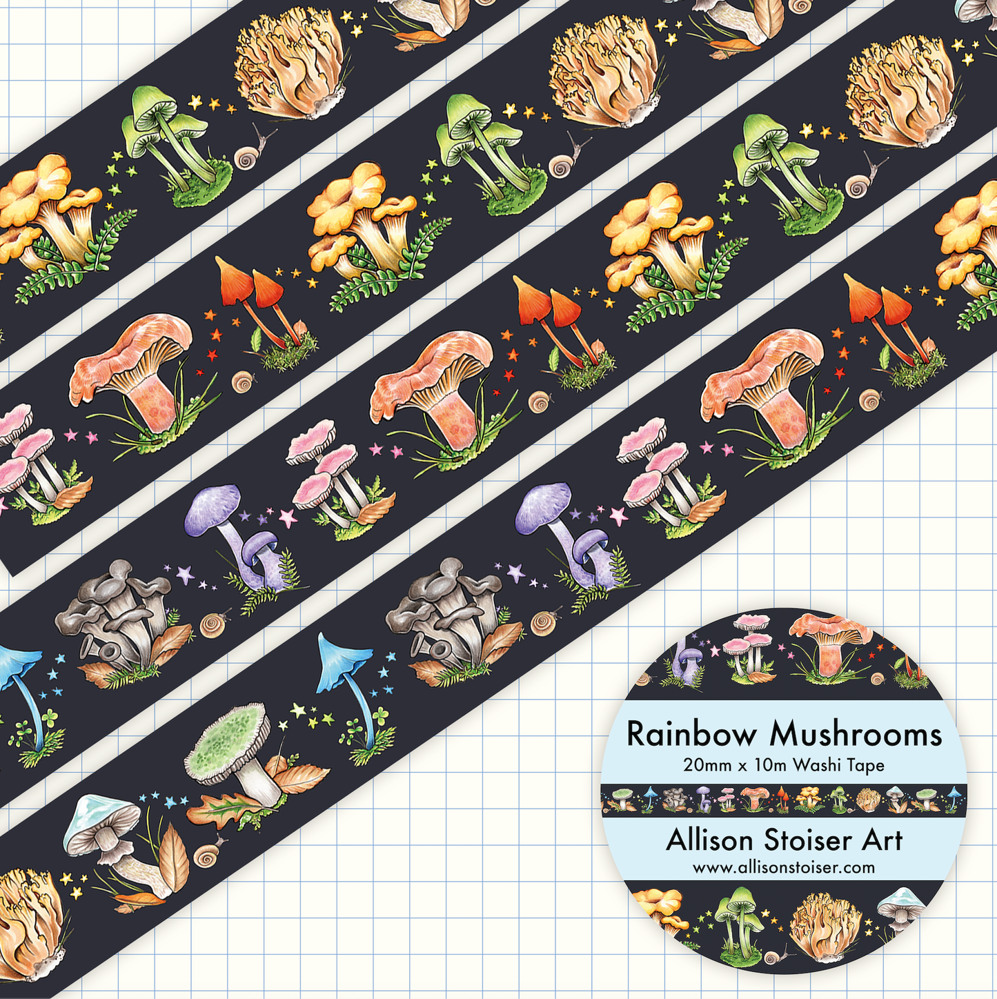 Washi tape with colorful mushroom design on a grid background, featuring the brand 'Allison Stoier Art'.