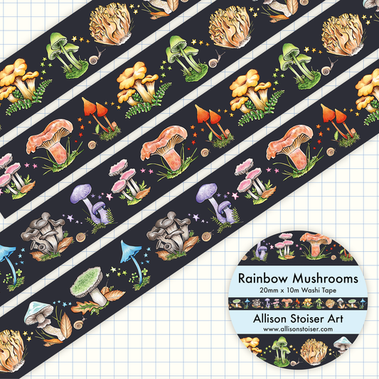 Washi tape with colorful mushroom design on a grid background, featuring the brand 'Allison Stoier Art'.