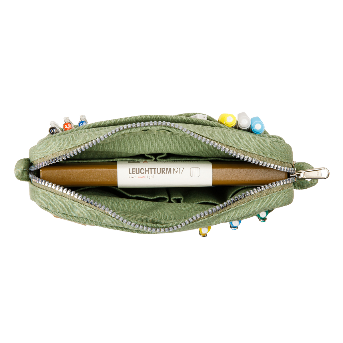 Green zipper pouch with stationery items and a pen, featuring the Leuchtturm1917 brand.