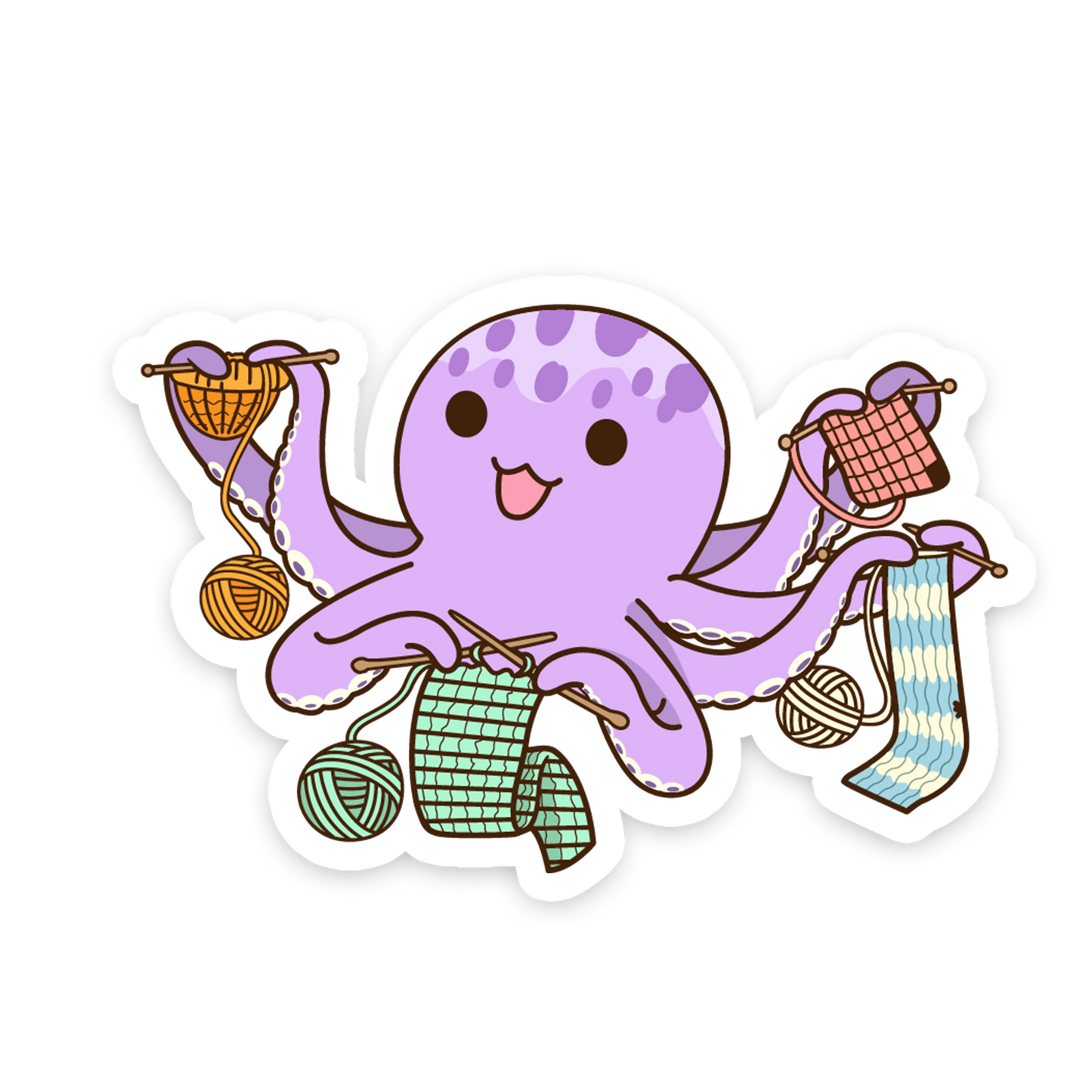 Cartoon octopus holding yarn and knitting needles on a white background