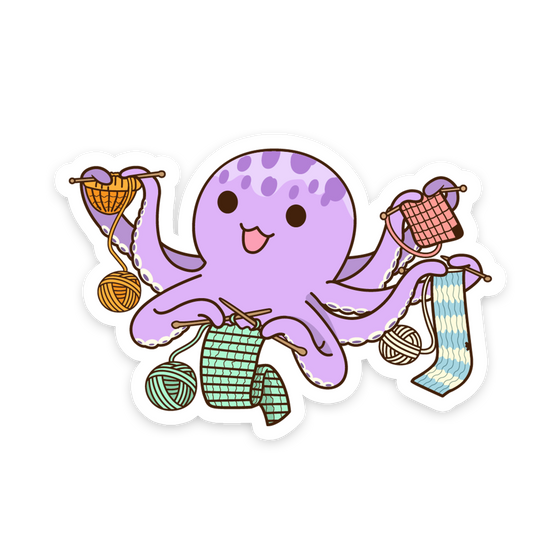 Cartoon octopus holding yarn and knitting needles on a white background