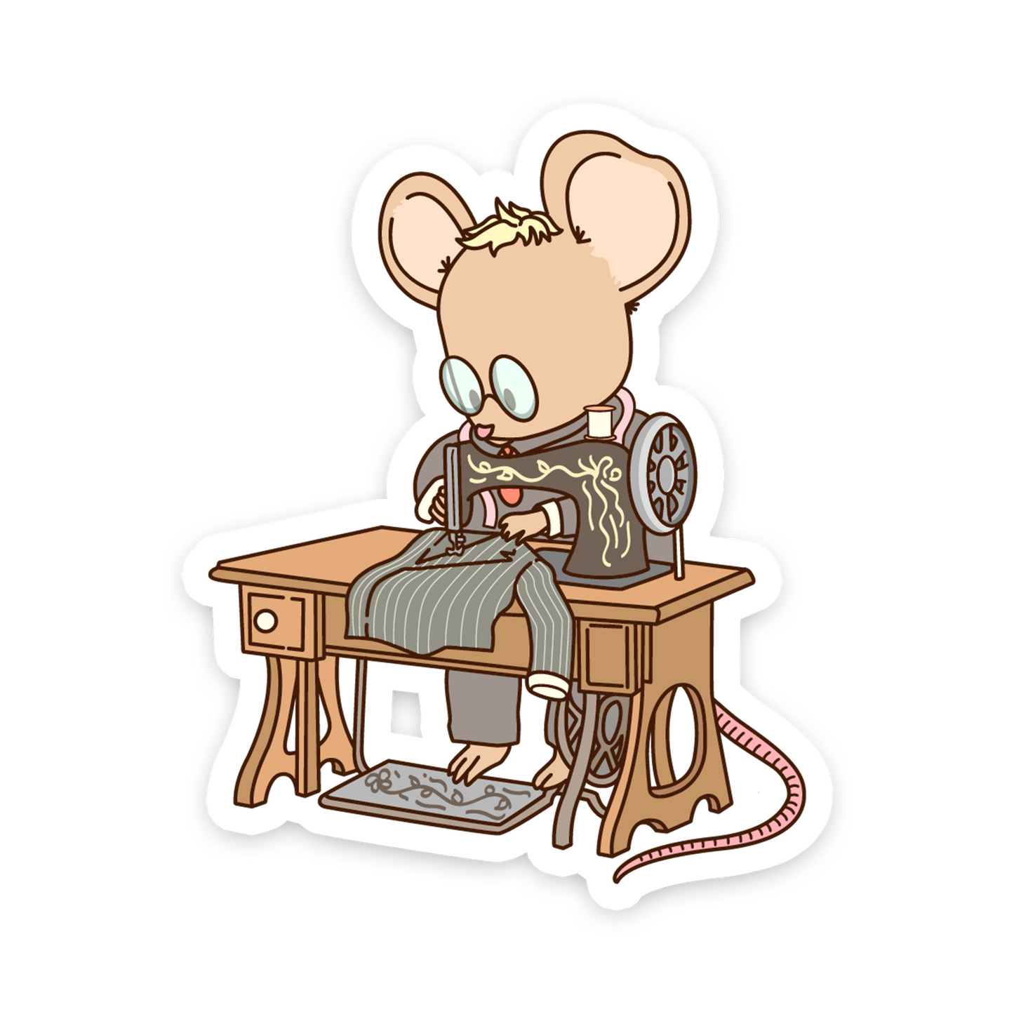 Cartoon mouse operating a vintage sewing machine on a white background