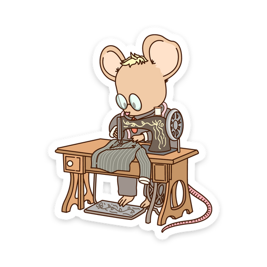 Cartoon mouse operating a vintage sewing machine on a white background