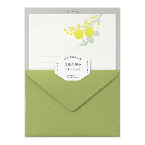Greeting card with envelope featuring a floral design and 'Letterpress' label on a white background