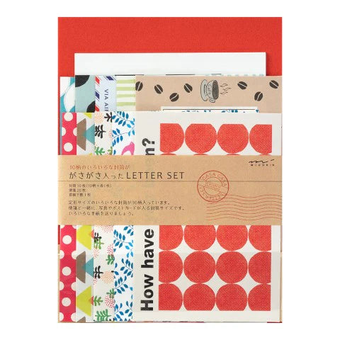 Letter set packaging with colorful designs and text on a white background