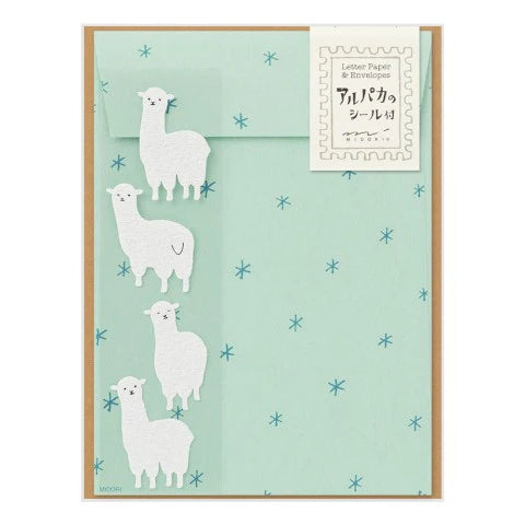 Letter paper set with alpaca design on a light green background
