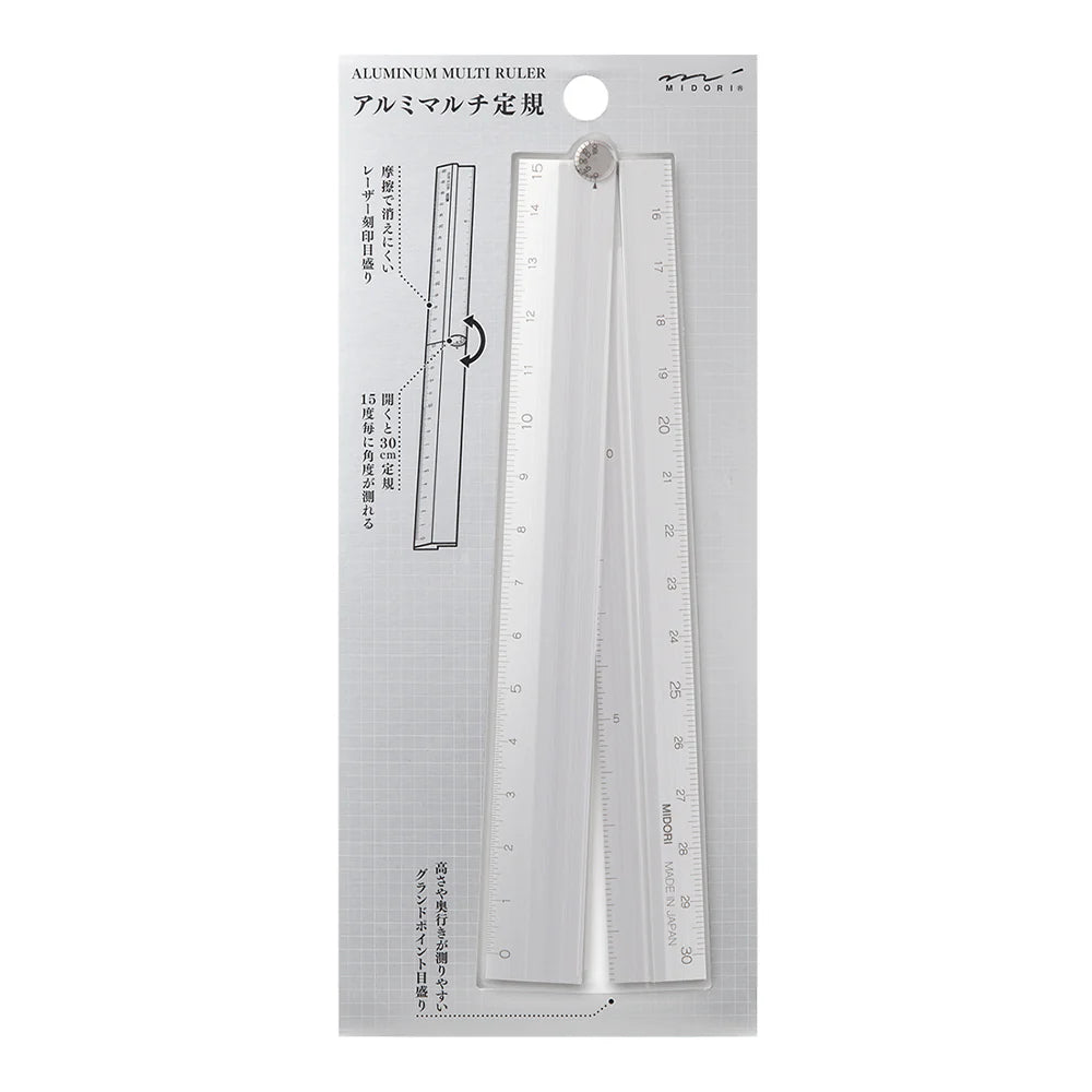 Aluminum multi ruler packaging with Japanese text on a white background