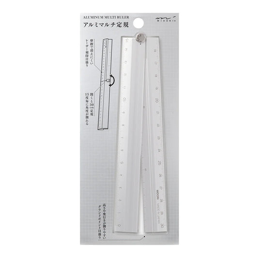 Aluminum multi ruler packaging with Japanese text on a white background