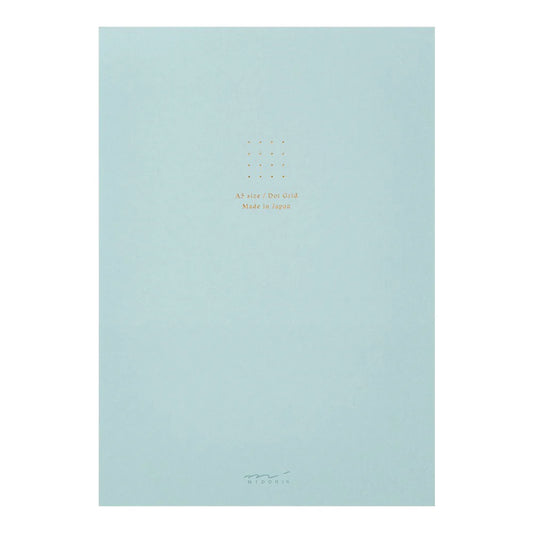 Light blue notebook with gold text on a white background