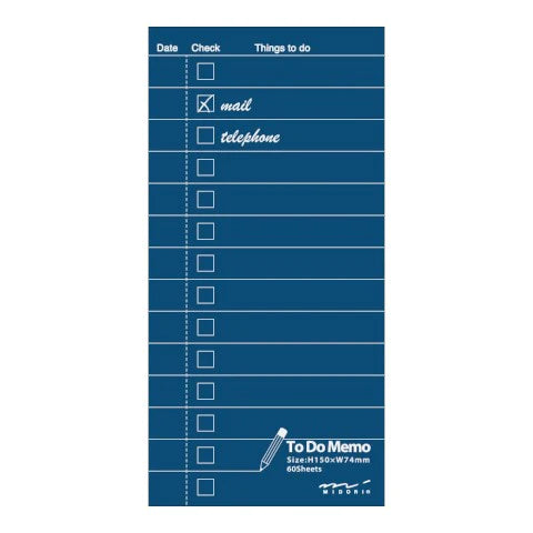 Blue to-do memo pad with checkboxes and text on a white background