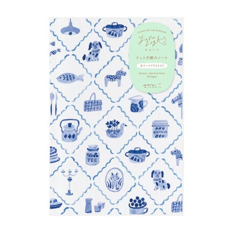 Notebook with blue and white pattern on a white background