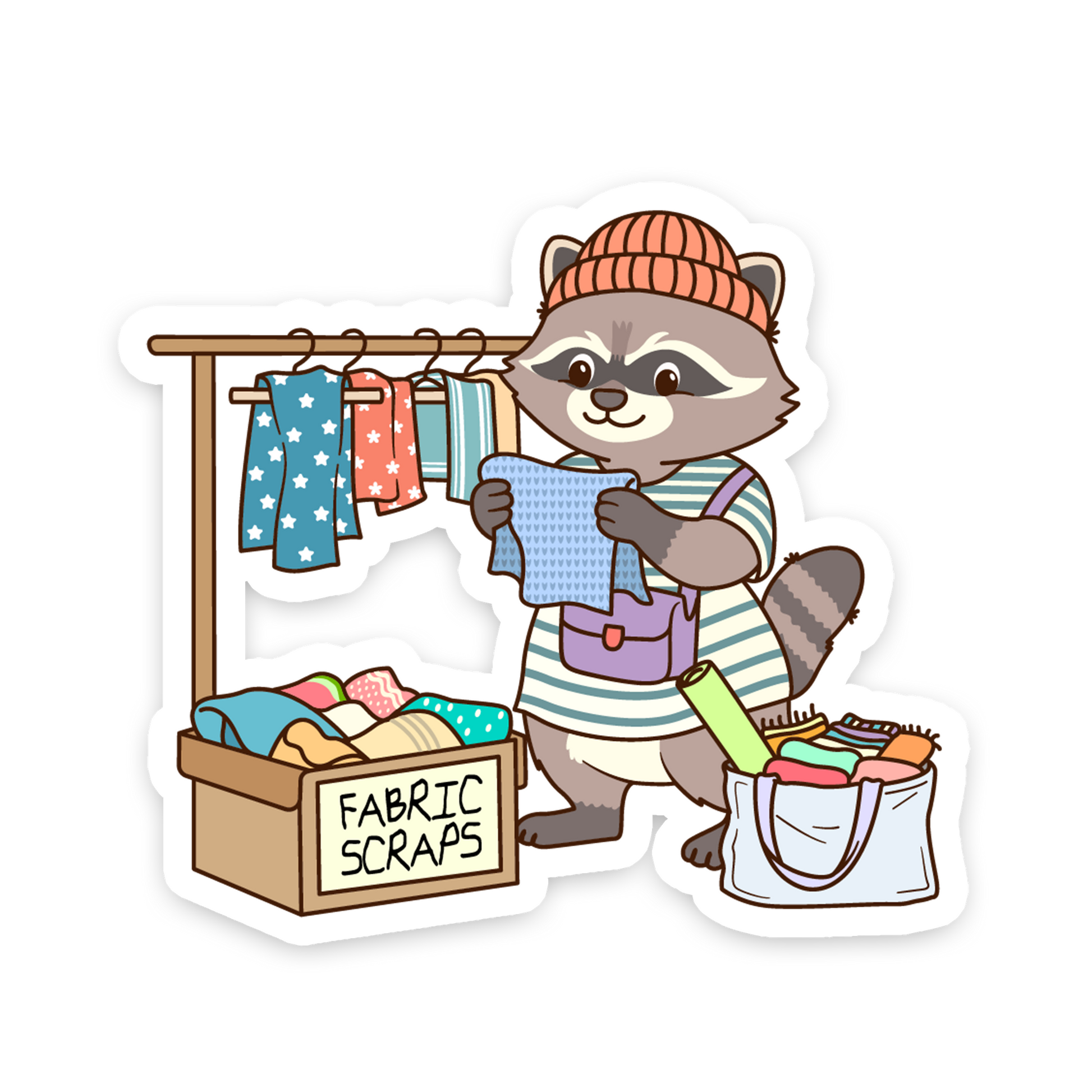 Cartoon raccoon character with fabric scraps and a clothesline on a white background