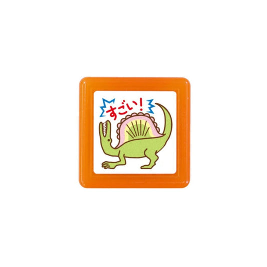 Square sticker with a green dinosaur illustration and orange border on a white background
