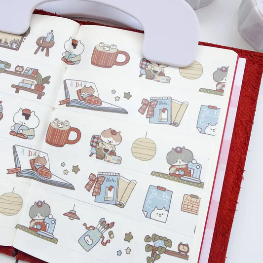 Notebook with cute illustrations of animals in various activities on a white background.