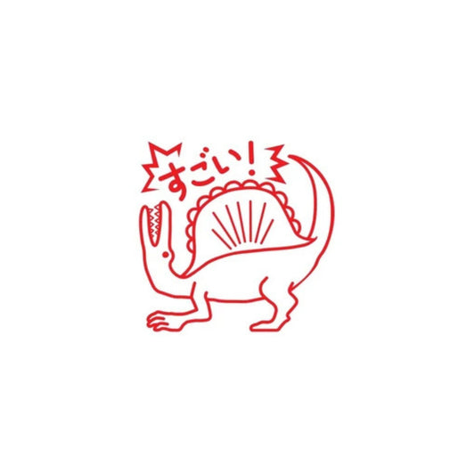 Red dinosaur illustration with Japanese text on a white background