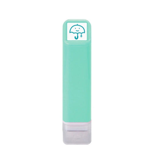 Mint green stamp with a logo on a white background