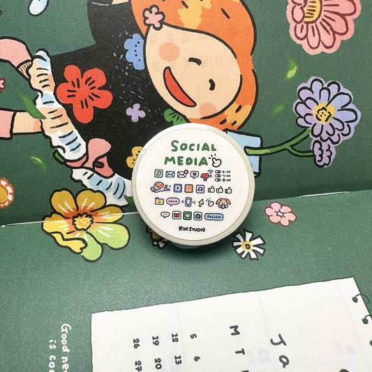 Circular object with social media icons on a green background with cartoon character and flowers