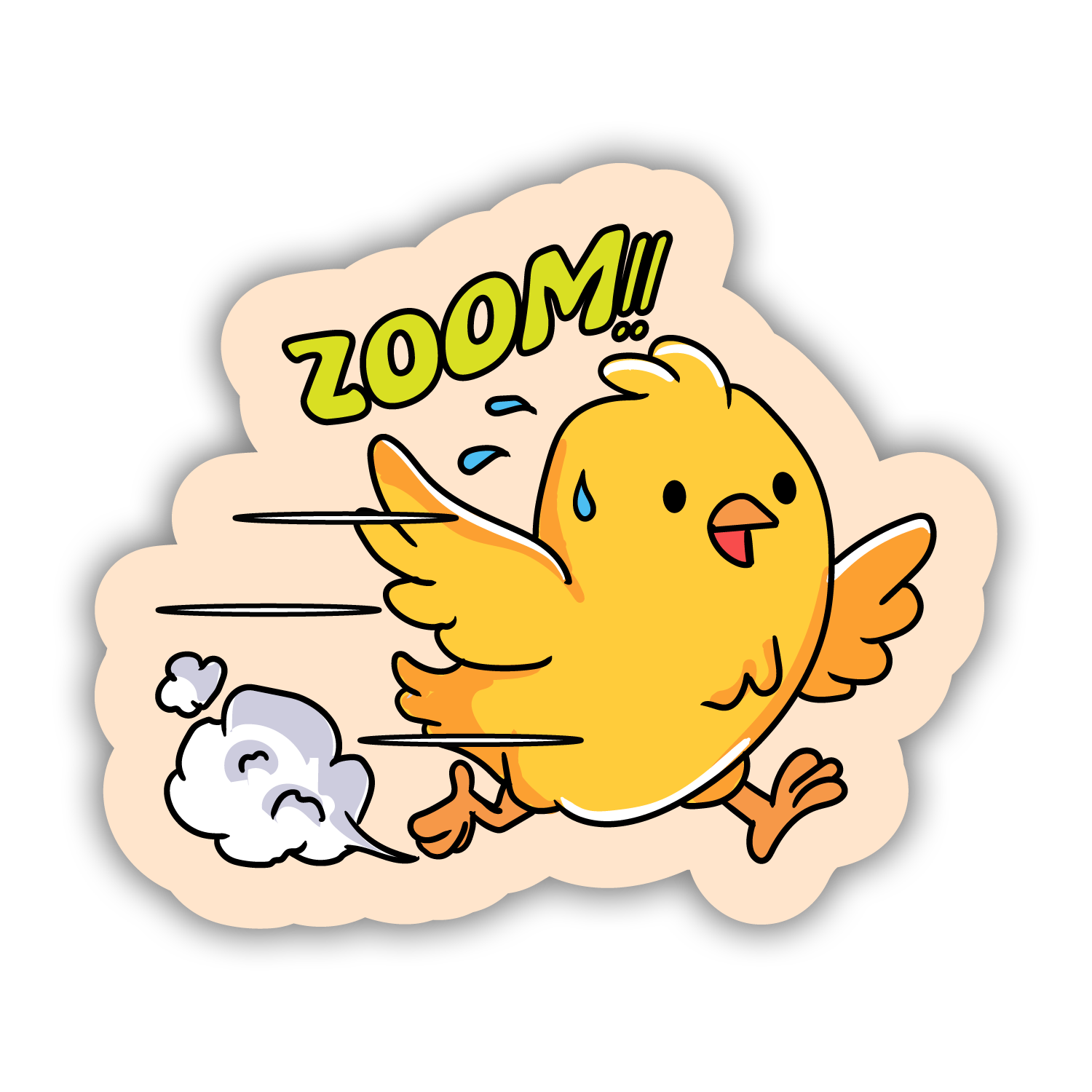 Cartoon duck with a cloud and 'ZOOM!!' text on a beige background