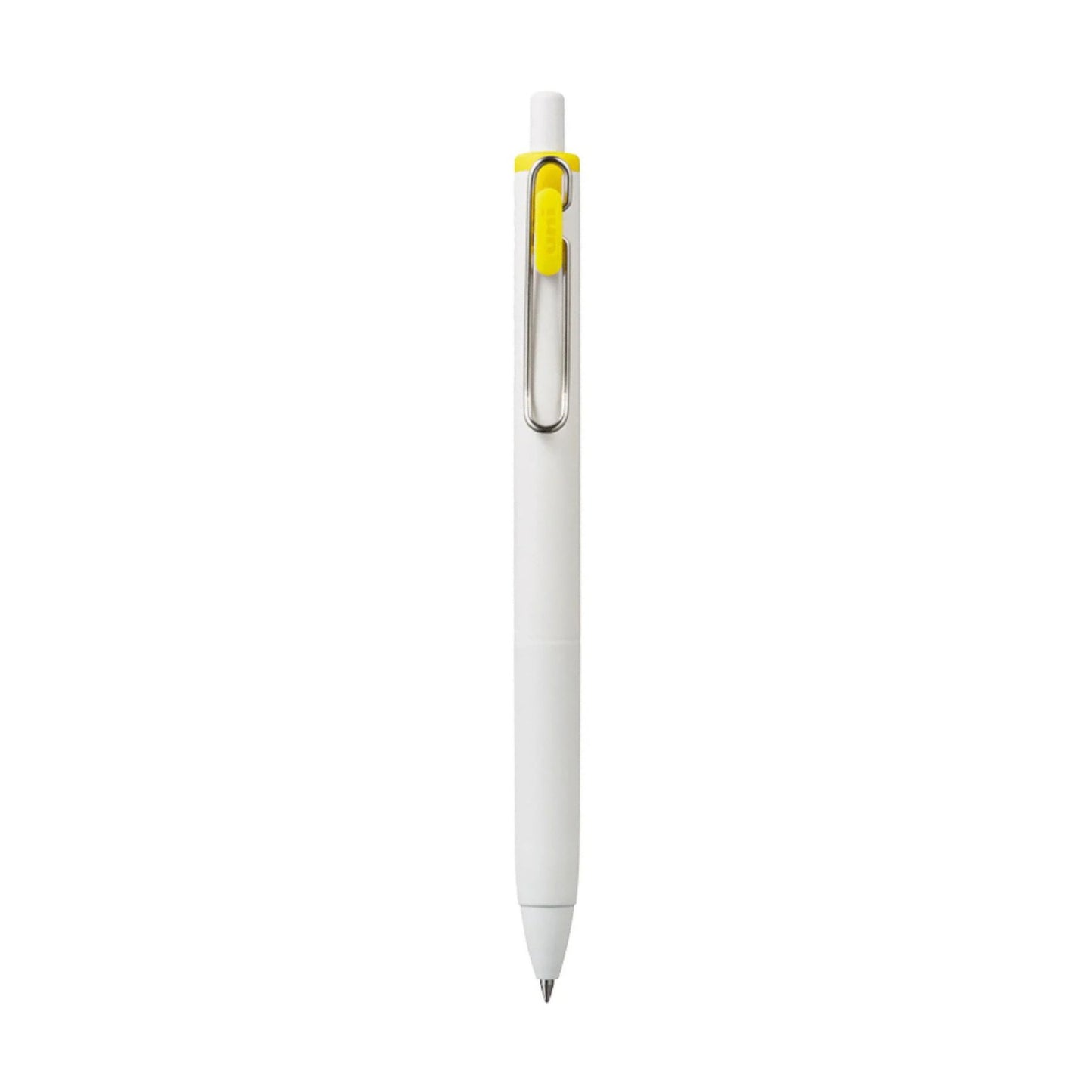 White pen with a yellow clip on a white background