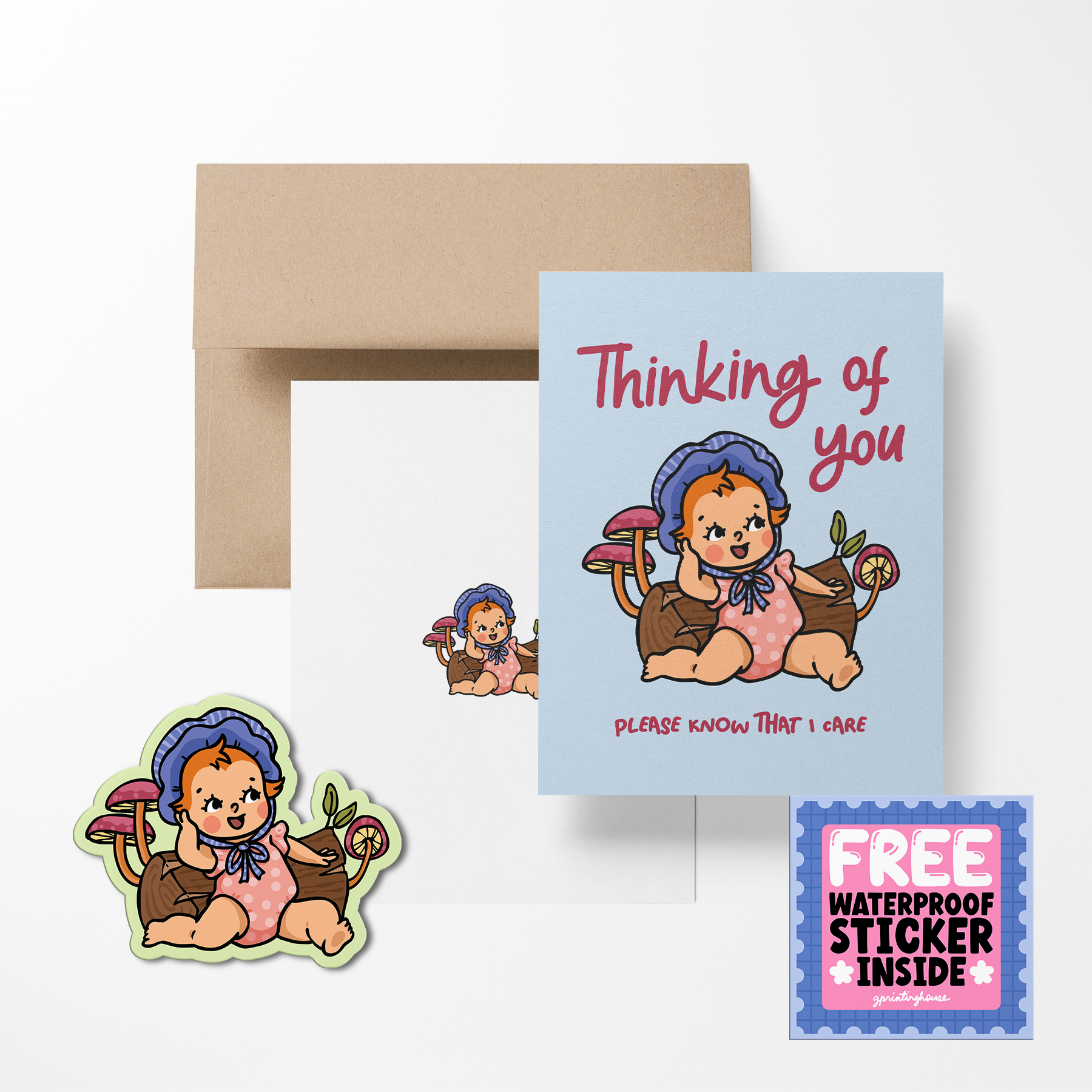 Greeting card with cartoon character and envelope, featuring a free waterproof sticker offer.