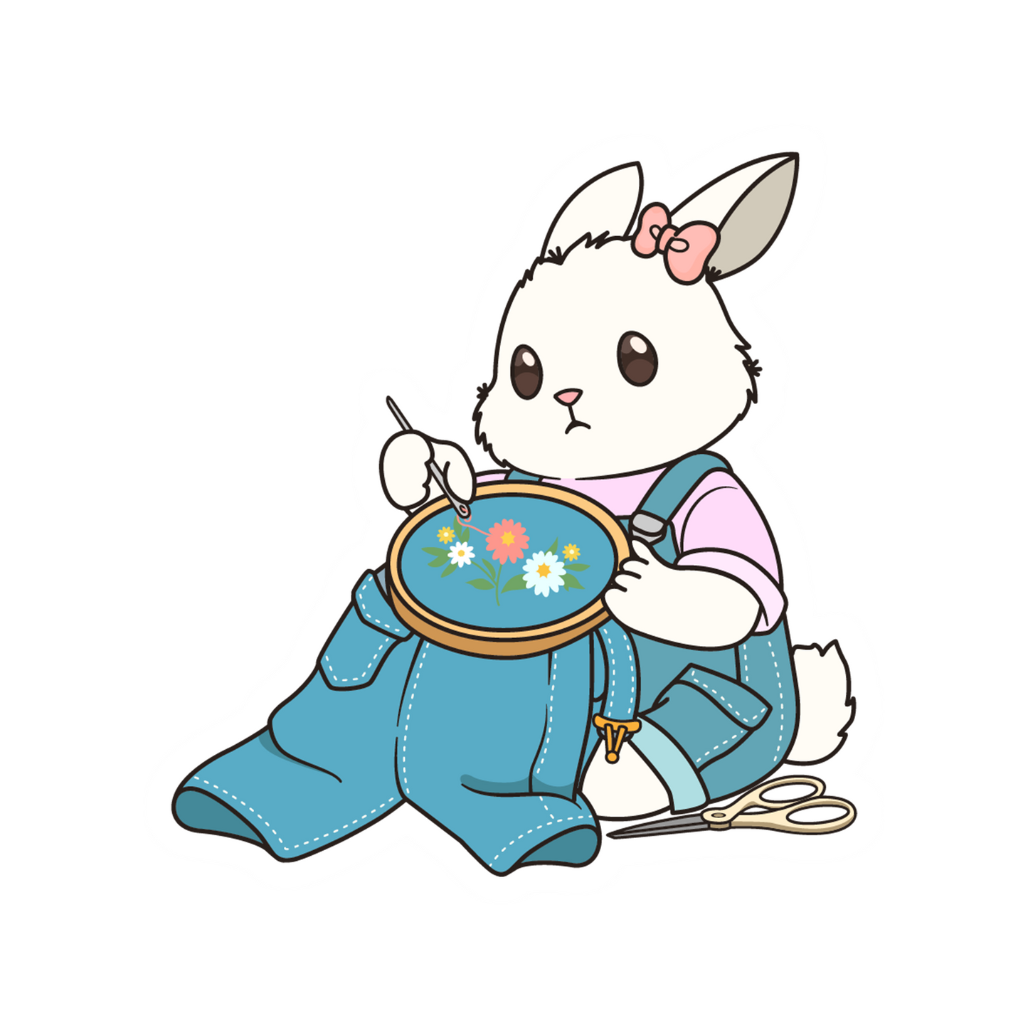 Cartoon rabbit character in overalls holding a embroidery hoop with flowers on a white background