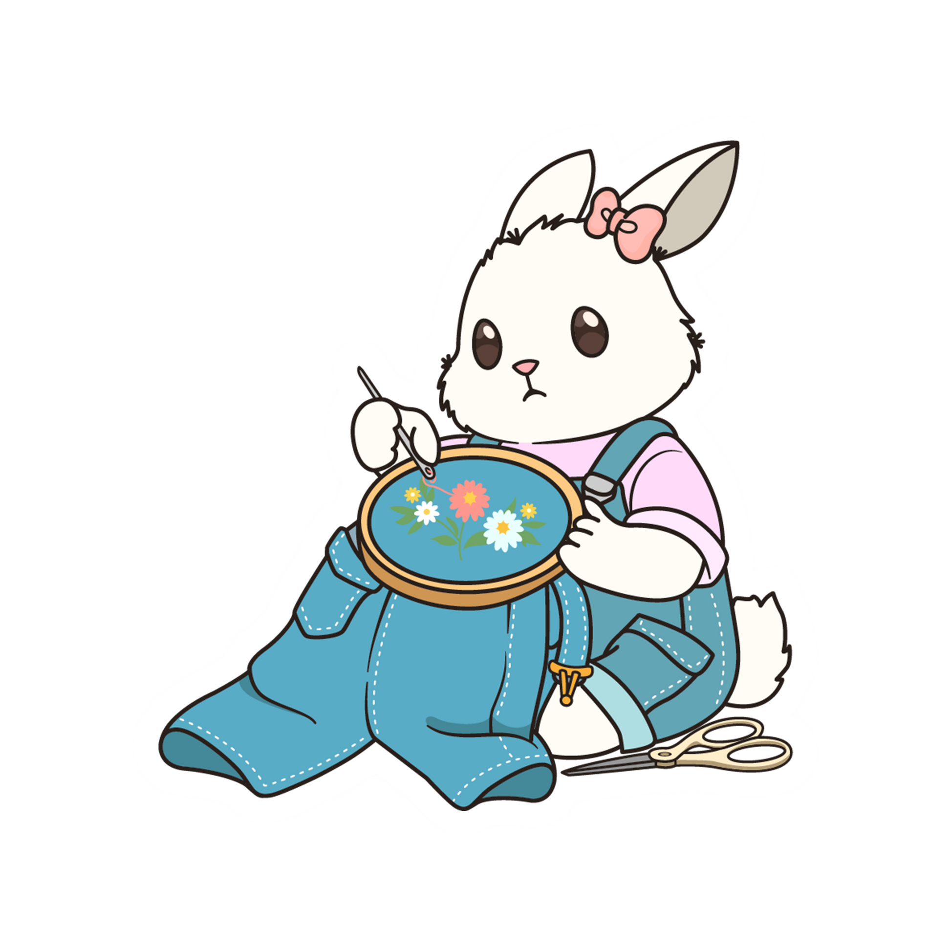 Cartoon rabbit character in overalls holding a embroidery hoop with flowers on a white background