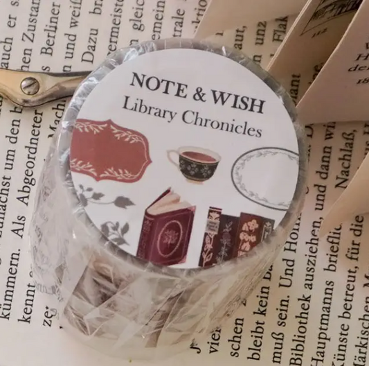 Product packaging with 'Note & Wish Library Chronicles' text and illustrations on a textured background.
