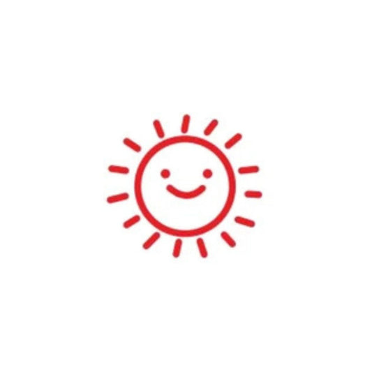 Red sun icon with a smile on a white background