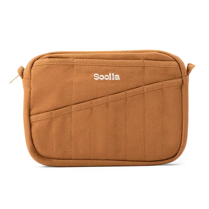 Brown pouch with 'Soolia' branding on a white background