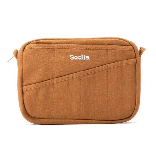 Brown pouch with 'Soolia' branding on a white background