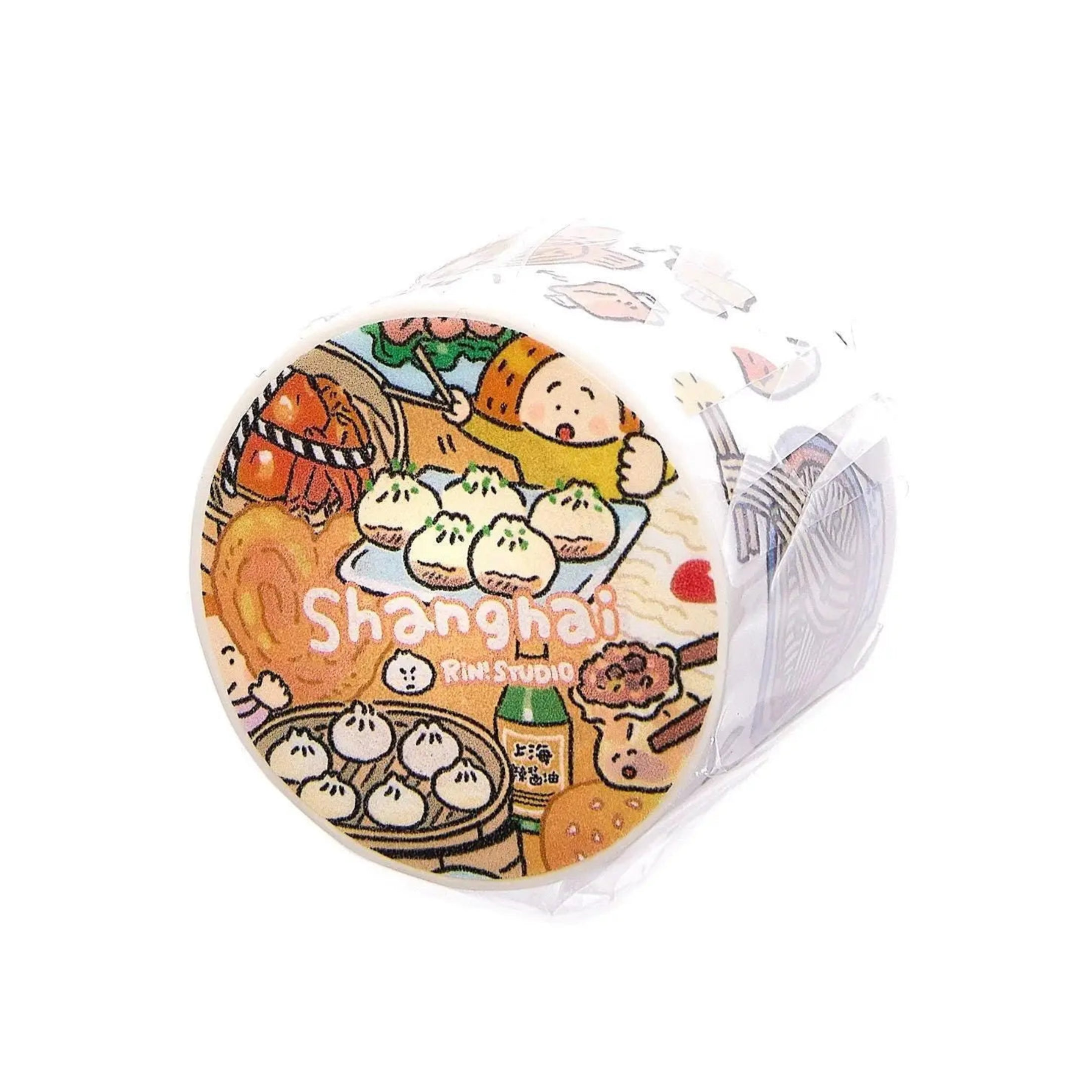Circular product with cartoon illustrations and 'Shanghai' text on a white background