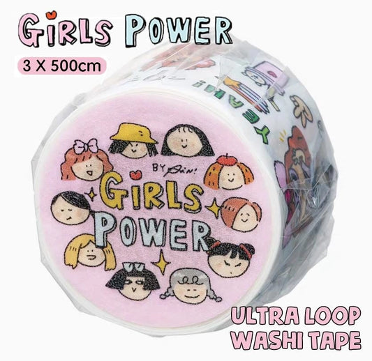 Roll of washi tape with 'Girls Power' design on a pink background
