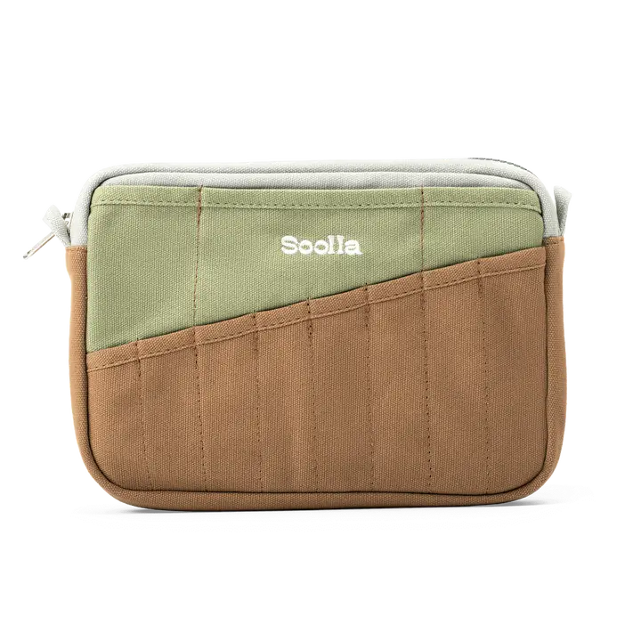 Two-tone green and brown pouch with 'Scolla' branding on a white background