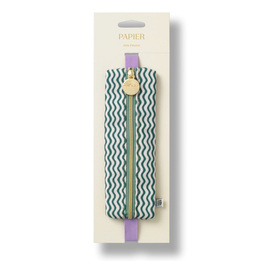 Pouch with wavy pattern and gold zipper on a white background