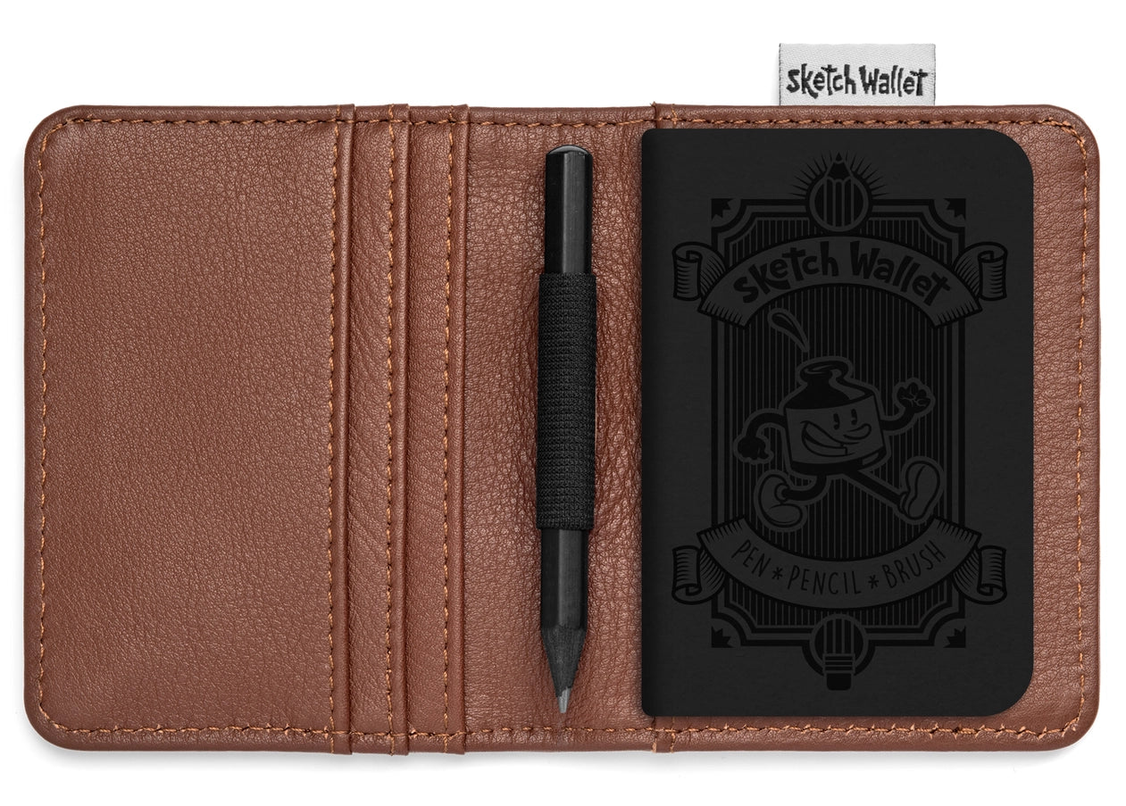 Brown leather wallet with black card holder and pen, featuring 'Sketch Wallet' branding.