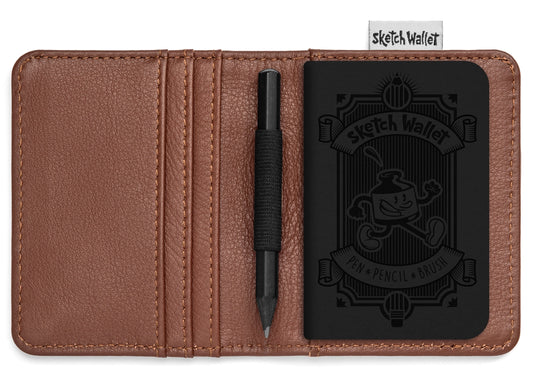 Brown leather wallet with black card holder and pen, featuring 'Sketch Wallet' branding.