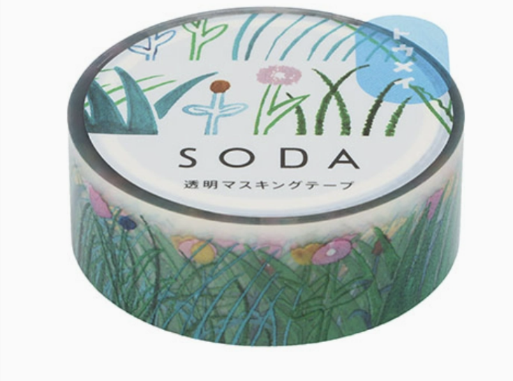 Decorative tape with floral design and 'SODA' branding on a white background