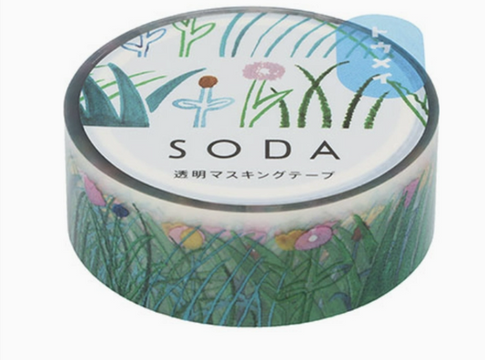 Decorative tape with floral design and 'SODA' branding on a white background