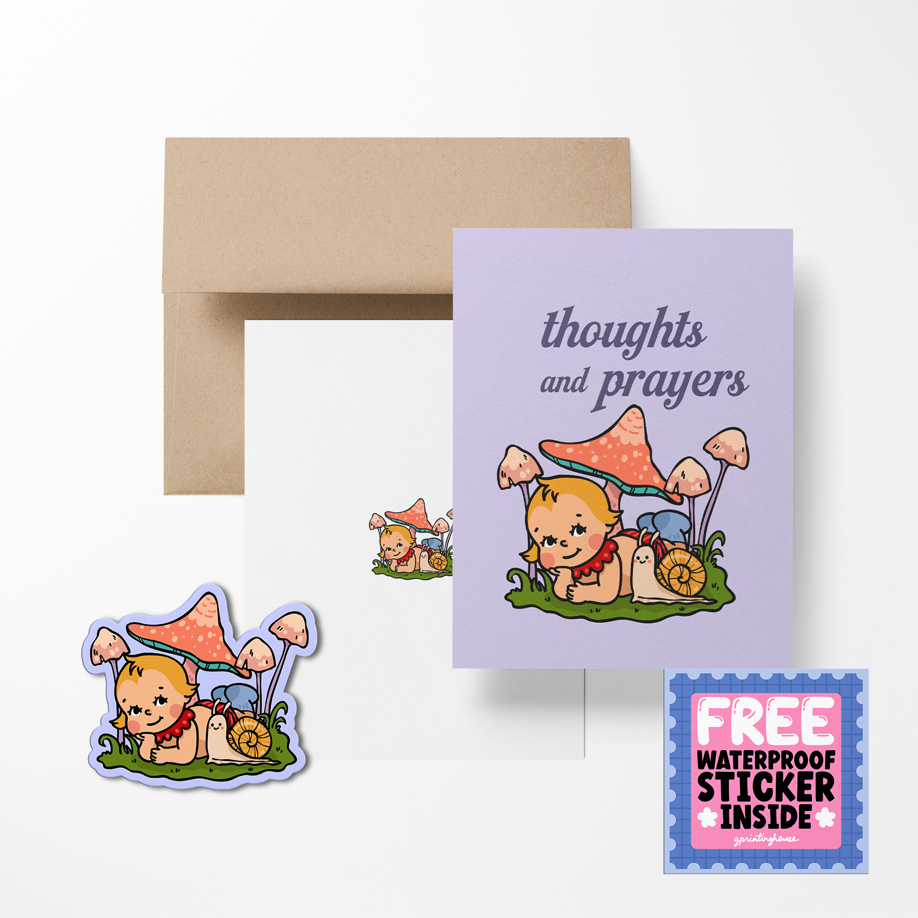 Greeting card with mushroom characters and envelope on a white background