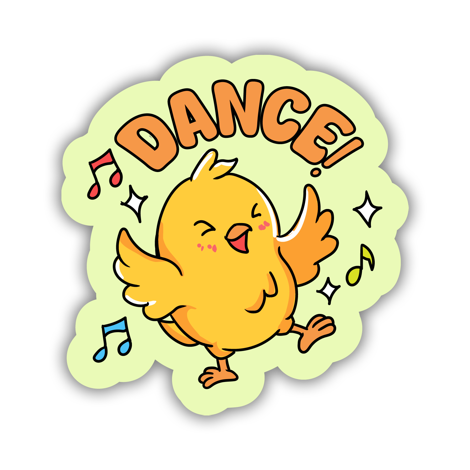 Sticker with a dancing chick and 'DANCE!' text on a light green background