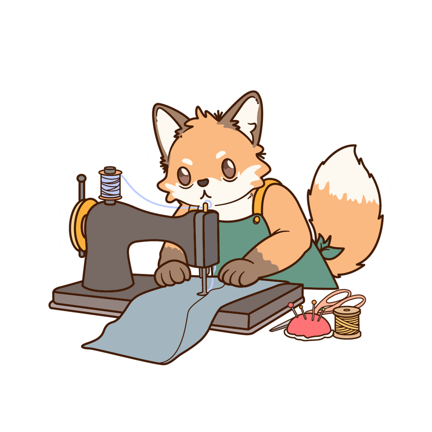 Cartoon fox character sewing on a machine with a white background